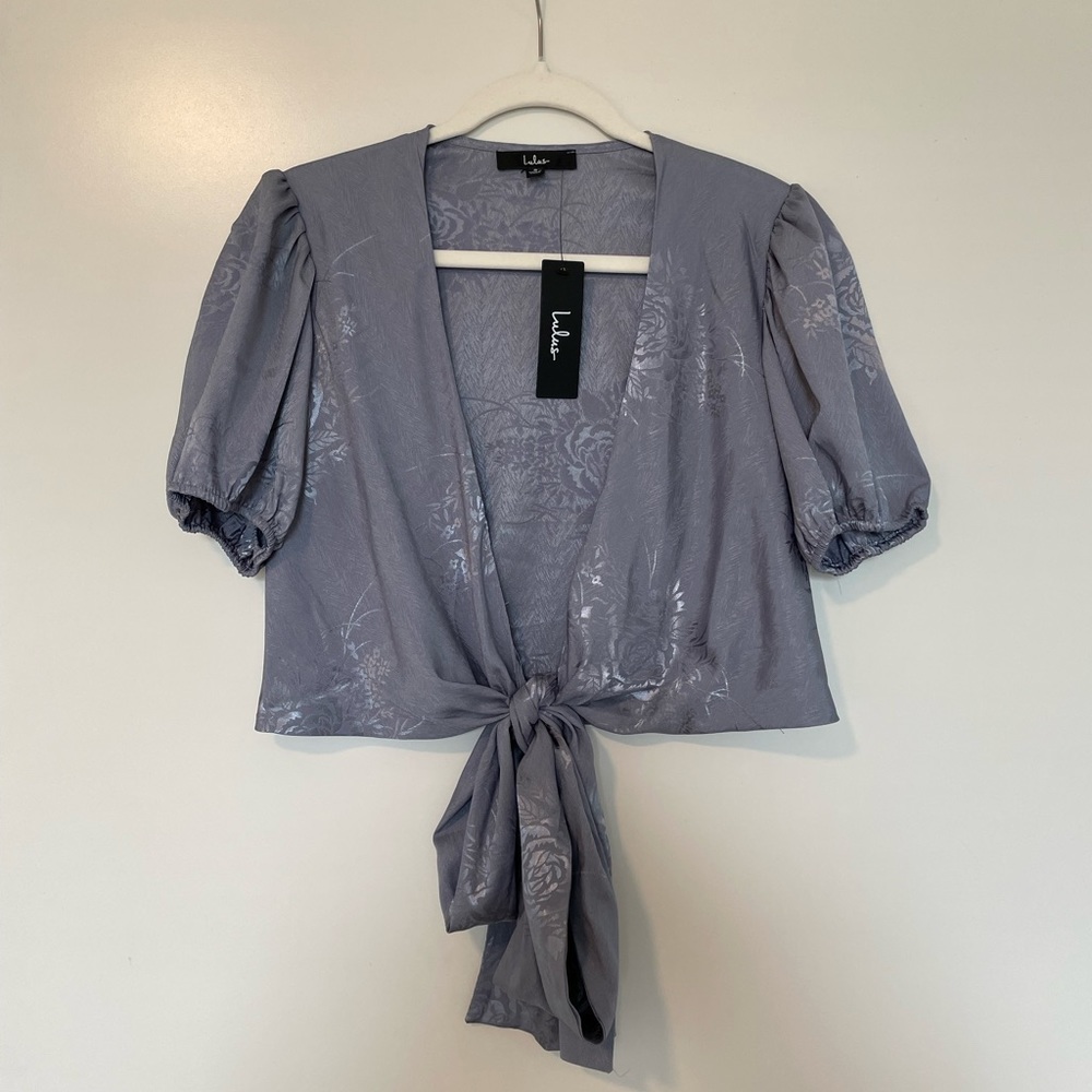 Lulus Dusty Blue Satin Floral Tie-Front Top
